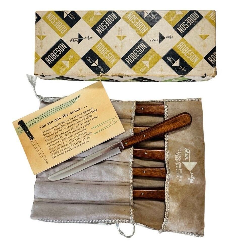 6 Robeson Shur Edge Frozen Heat 751 4.5" Blade Wood Handle Steak Knife Table Set